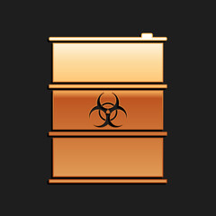 Gold Biological hazard or biohazard barrel icon isolated on black background. Radioactive garbage emissions, danger of ecological disaster. Long shadow style. Vector.