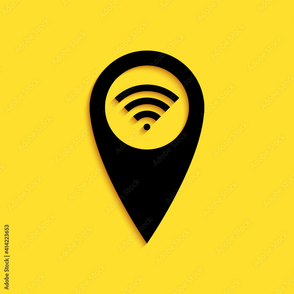 Poster black pointer map with wifi internet signal connection icon isolated on yellow background. long shad