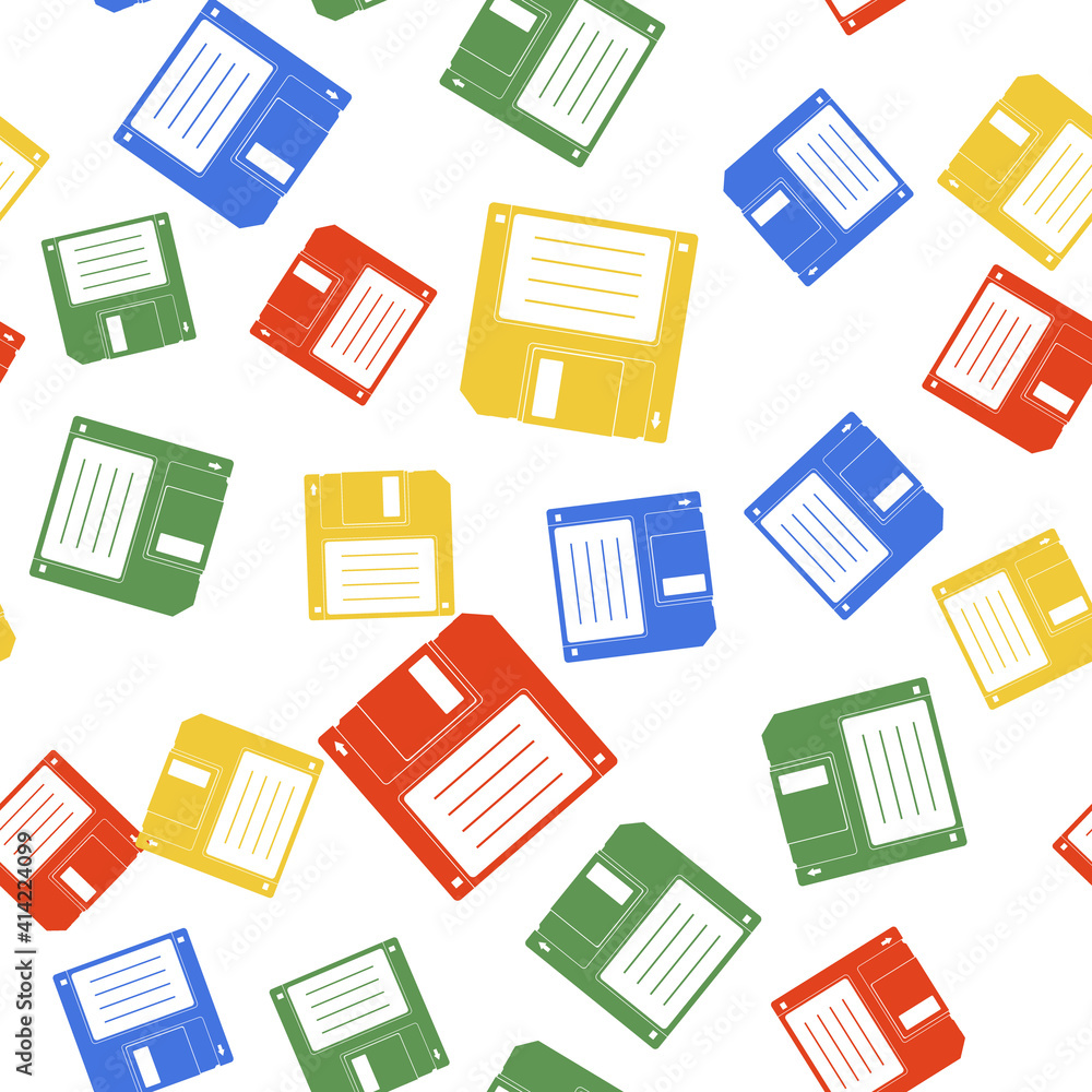 Poster color floppy disk for computer data storage icon isolated seamless pattern on white background. disk
