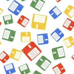 Fototapeta premium Color Floppy disk for computer data storage icon isolated seamless pattern on white background. Diskette sign. Vector.