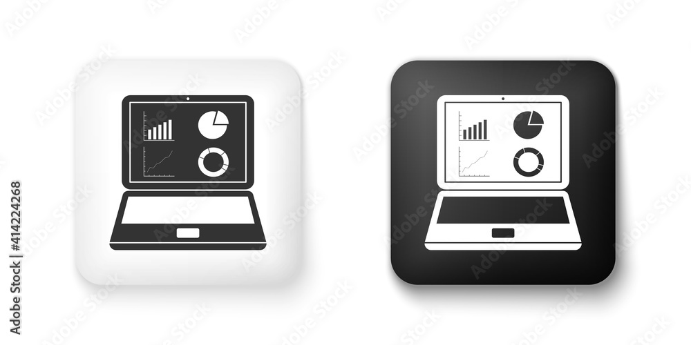 Poster black and white laptop with graph chart icon isolated on white background. report text file icon. ac