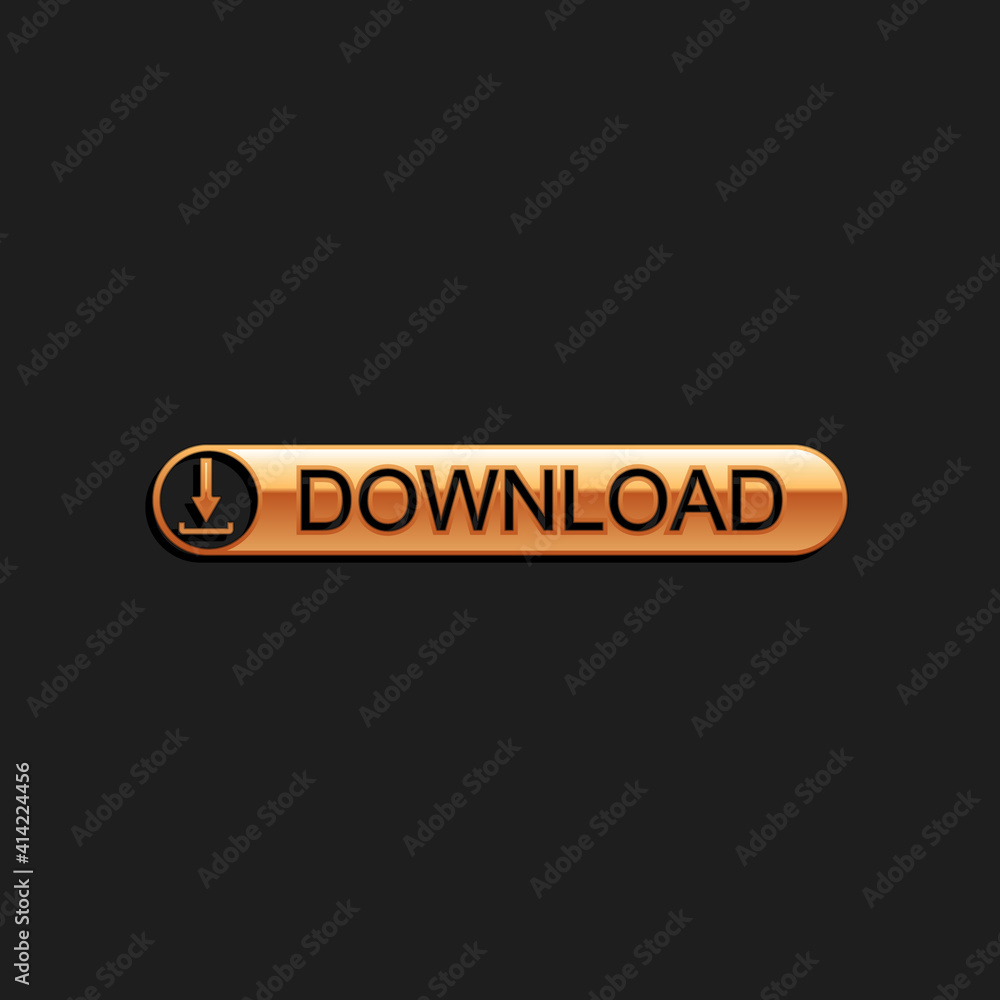 Poster gold download button with arrow icon isolated on black background. upload button. load symbol. long 