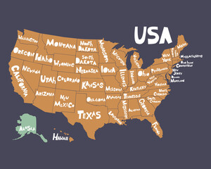 Cartoon silhouette of the map of USA with hand-written names of states. Handwritten lettering on the background. Unique vector typography poster