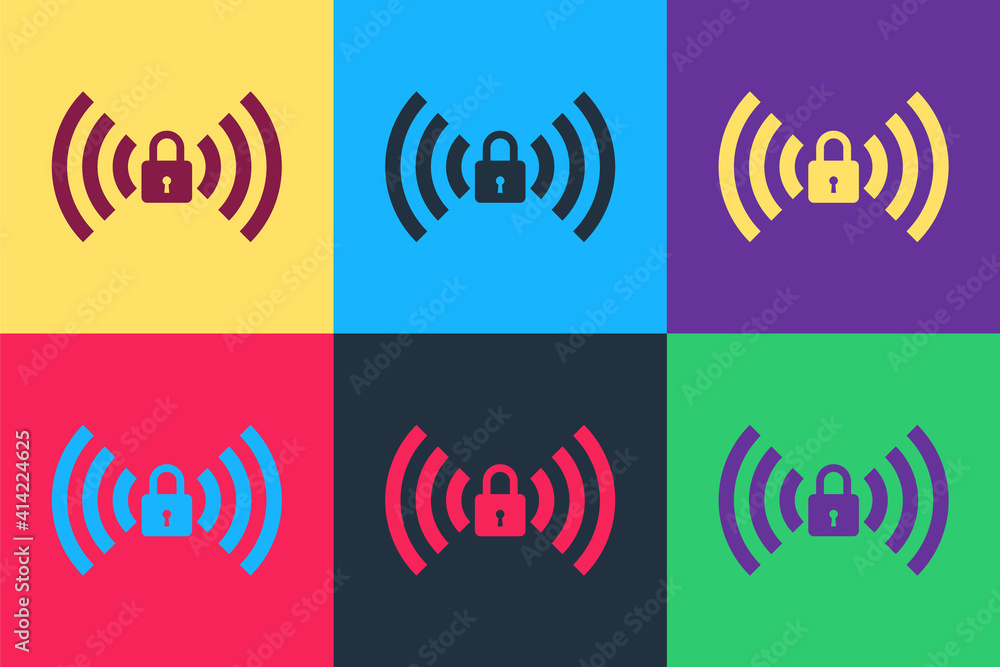 Poster pop art wifi locked sign icon isolated on color background. password wi-fi symbol. wireless network 