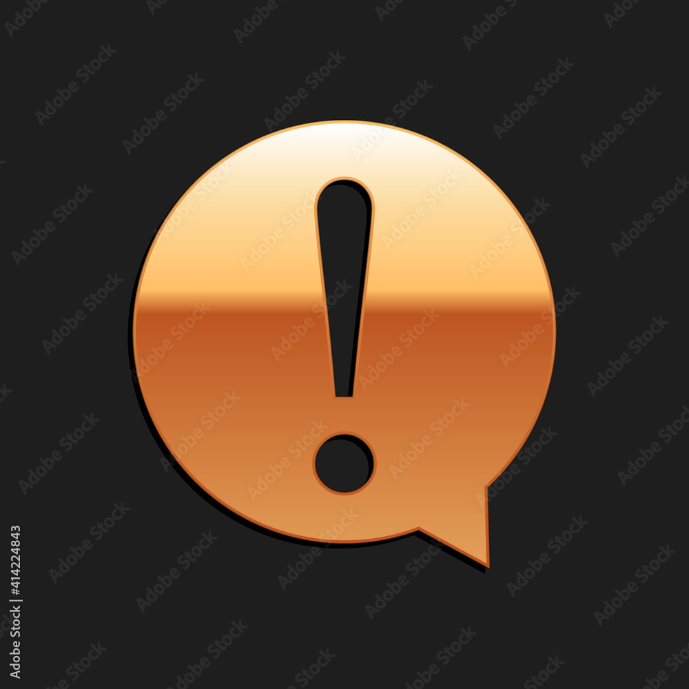 Poster gold exclamation mark in circle icon isolated on black background. hazard warning symbol. faq sign. 