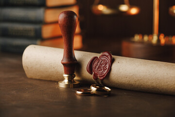 Notary public tools. Old stamp and document on a table.