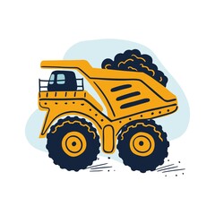 Hand drawn yellow mining truck with a loaded trailer. Cute kids vector illustration.