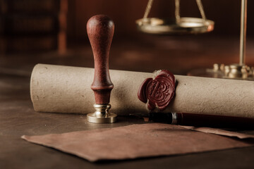 Stamp, envelope,testament close-up. Notary public tools.