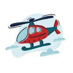 Hand drawn rotor plane. Red and blue helicopter flying in the clouds. Cute kids vector illustration.