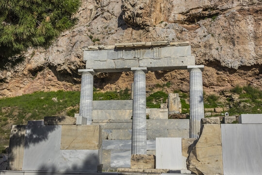 Asklepieion of Athens was the sanctuary built in honor of the gods Asclepius and Hygieia, located west of the Theatre of Dionysos. It founded in year 419/18 BC. Athens, Greece.