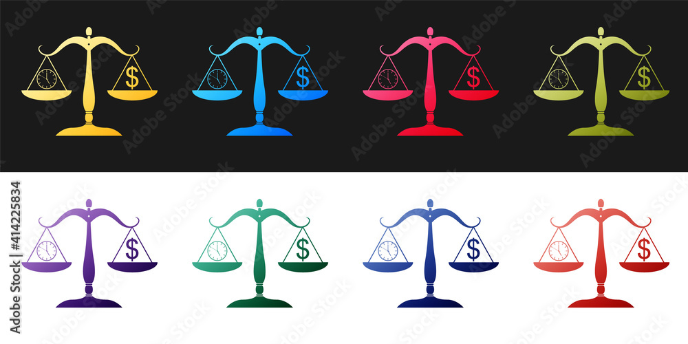 Poster set scale weighing money and time icon isolated on black and white background. scales with hours and