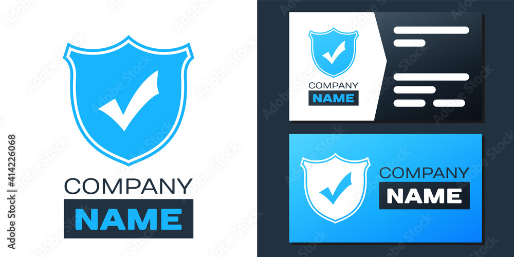 Poster logotype shield with check mark icon isolated on white background. logo design template element. vec