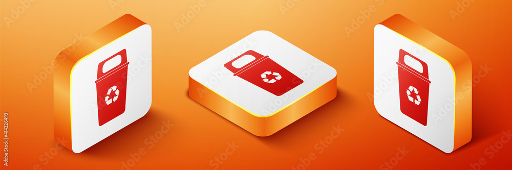 Poster isometric recycle bin with recycle symbol icon isolated on orange background. trash can icon. garbag