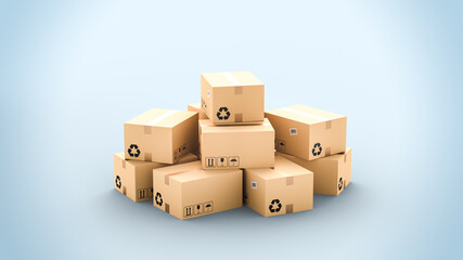 Cardboard boxes on blue background, logistics and delivery concept. 3D Rendering