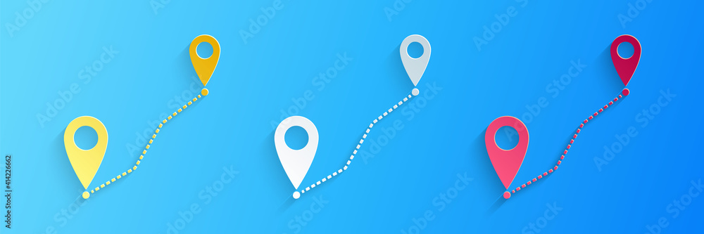 Poster paper cut route location icon isolated on blue background. map pointer sign. concept of path or road