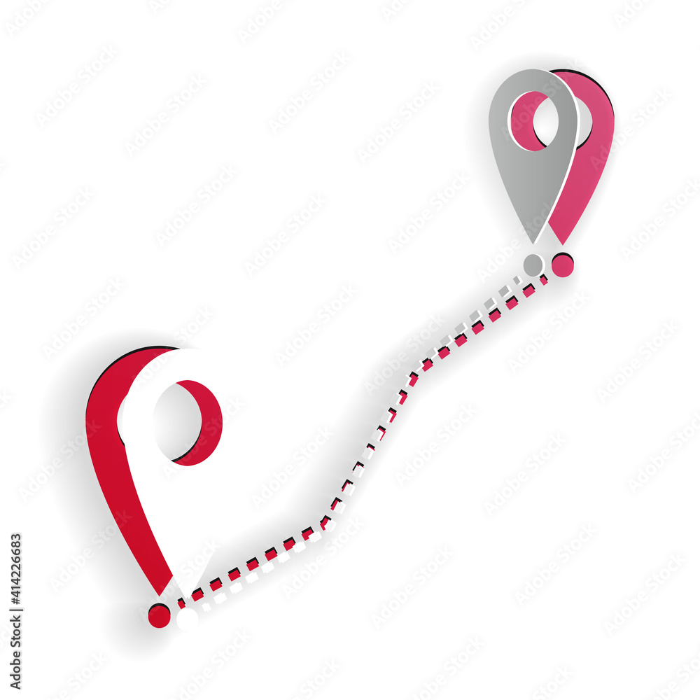 Poster paper cut route location icon isolated on white background. map pointer sign. concept of path or roa