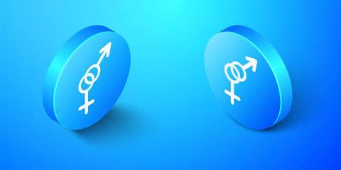 Isometric Gender icon isolated on blue background. Symbols of men and women. Sex symbol. Blue circle button. Vector.