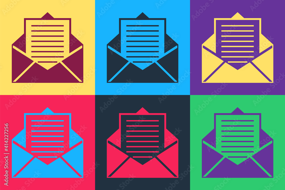 Poster pop art mail and e-mail icon isolated on color background. envelope symbol e-mail. email message sig