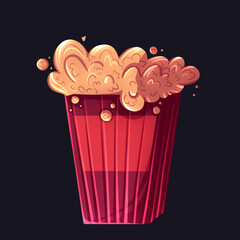 Cinema Popcorn box icon in flat style. Sweet corn symbol film Movie Theater for bar snacks menu. Golden corn in red cup holder. Digital illustration on black background