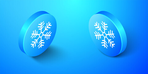 Isometric Snowflake icon isolated on blue background. Blue circle button. Vector.