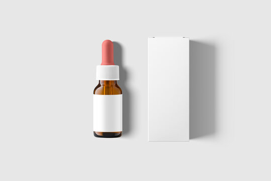 Real photo, Amber Glass Dropper Bottle and Box mockup template isolated on light grey background. High resolution.