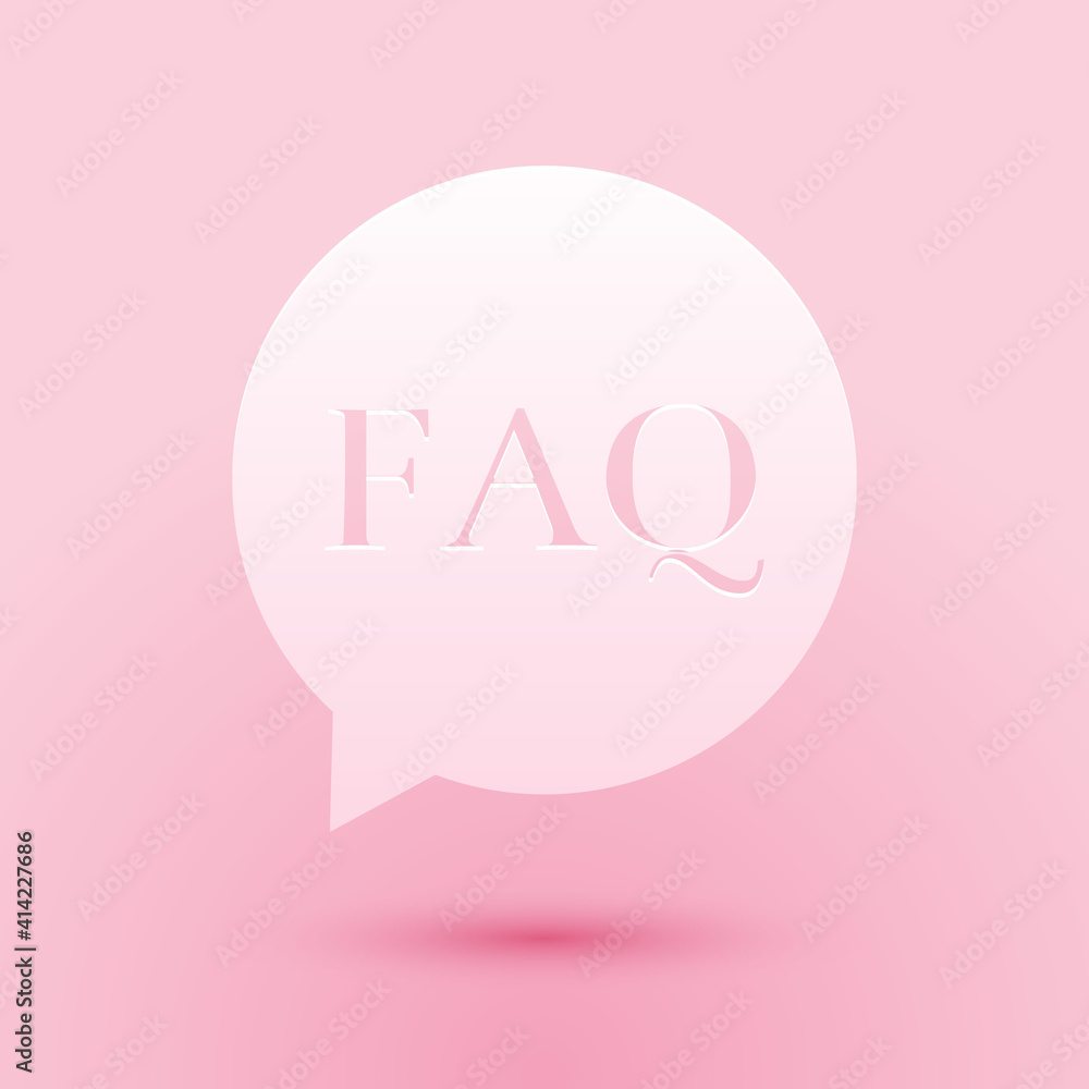Poster paper cut speech bubble with text faq information icon isolated on pink background. circle button wi