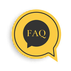 Black Speech bubble with text FAQ information icon isolated on white background. Circle button with text FAQ. Yellow speech bubble symbol. Vector.