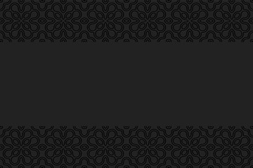 Ethnic geometric convex volumetric texture from a 3D pattern. Embossed black decorative background with horizontal openwork inserts.