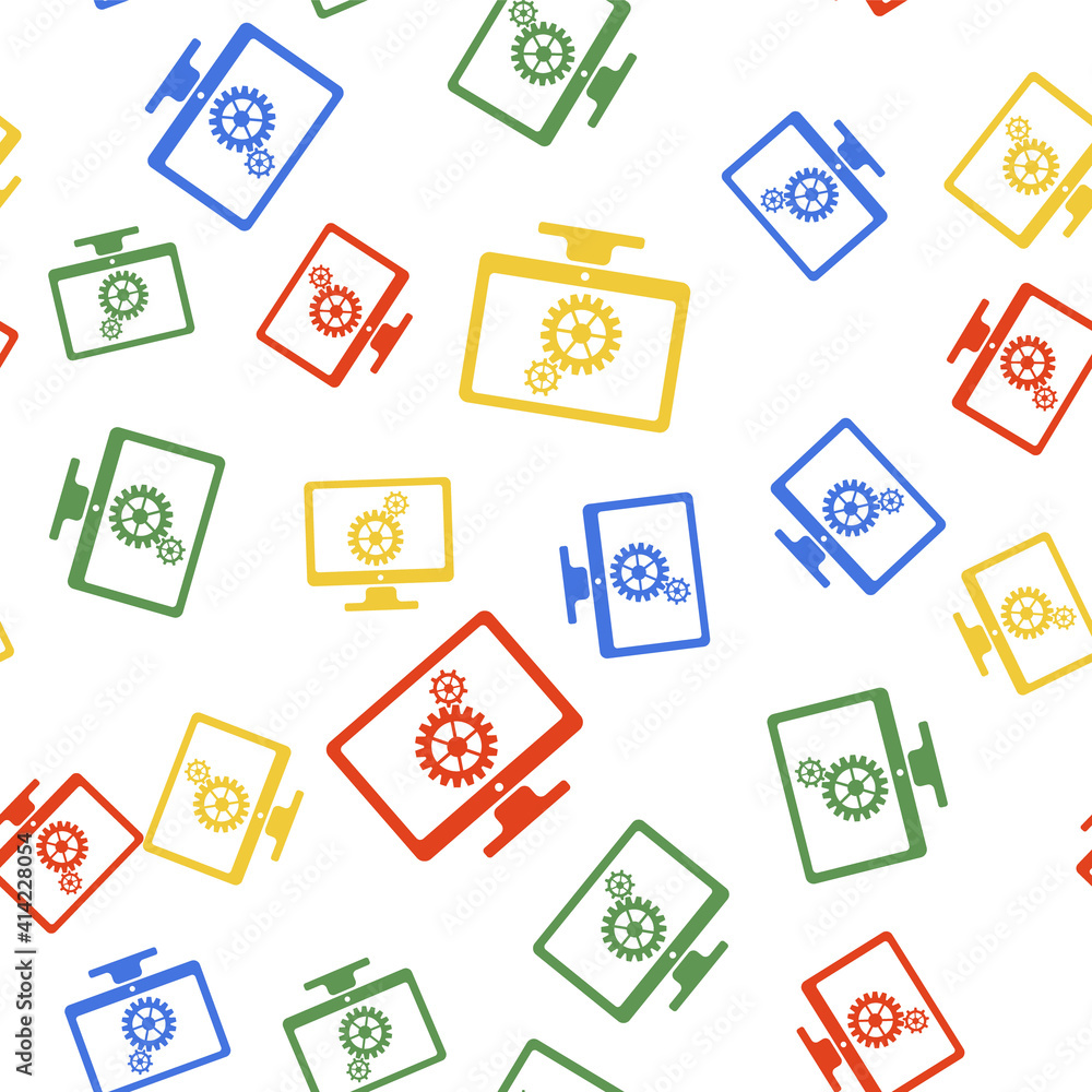 Poster color computer monitor and gears icon isolated seamless pattern on white background. adjusting app, 