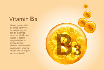 Vitamin B3. Baner with vector images of golden balls with oxygen bubbles. Health concept.