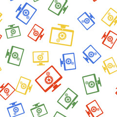 Color Computer monitor and gears icon isolated seamless pattern on white background. Adjusting app, service, setting options, maintenance, repair, fixing concepts. Vector.