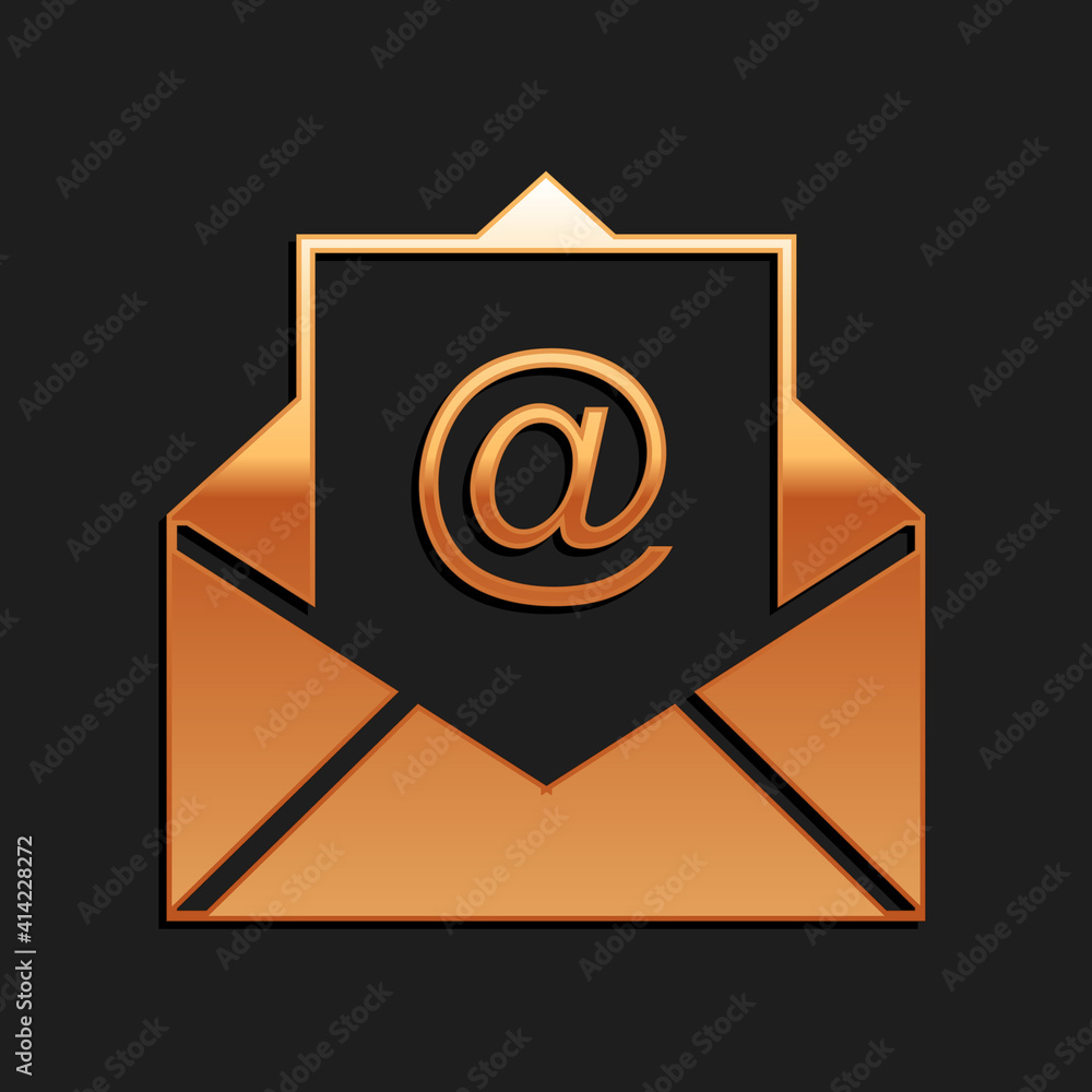 Poster gold mail and e-mail icon isolated on black background. envelope symbol e-mail. email message sign. 