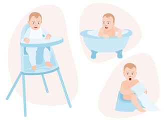 baby care isolated vector set Child eating in a baby chair table bathing in a small tub kid learn to use the toilet Toilet paper blue colours blond children Maternity first steps Happy newborn infant 