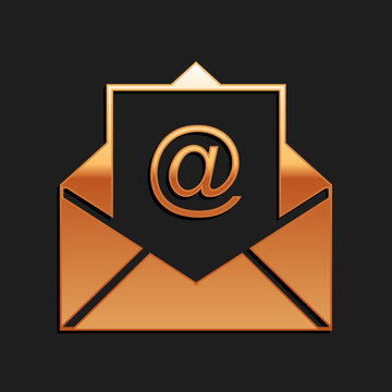 Gold Mail and e-mail icon isolated on black background. Envelope symbol e-mail. Email message sign. Long shadow style. Vector.