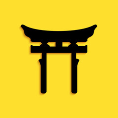 Black Japan Gate icon isolated on yellow background. Torii gate sign. Japanese traditional classic gate symbol. Long shadow style. Vector.