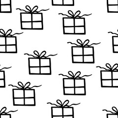 Holiday seamless pattern with present on white background. Vector illustration for Birthday, Merry Christmas, New year. Template design for invitation, poster, card, fabric, textile. Doodle style.