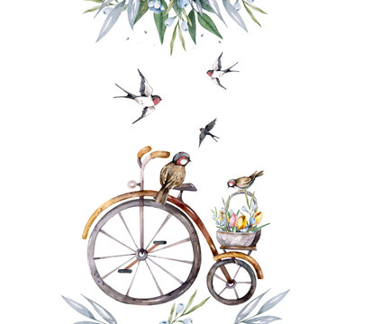 Bicycle with basket full of flowers and sparrow. Romantic Birthday card. Hand drawn watercolor spring flowers card