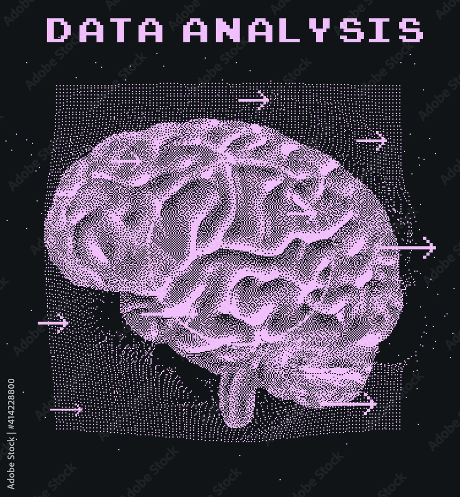 Poster 3D vector illustration of brain made of pixels and particles. Concept of neural network, neurology and neuroscience.
