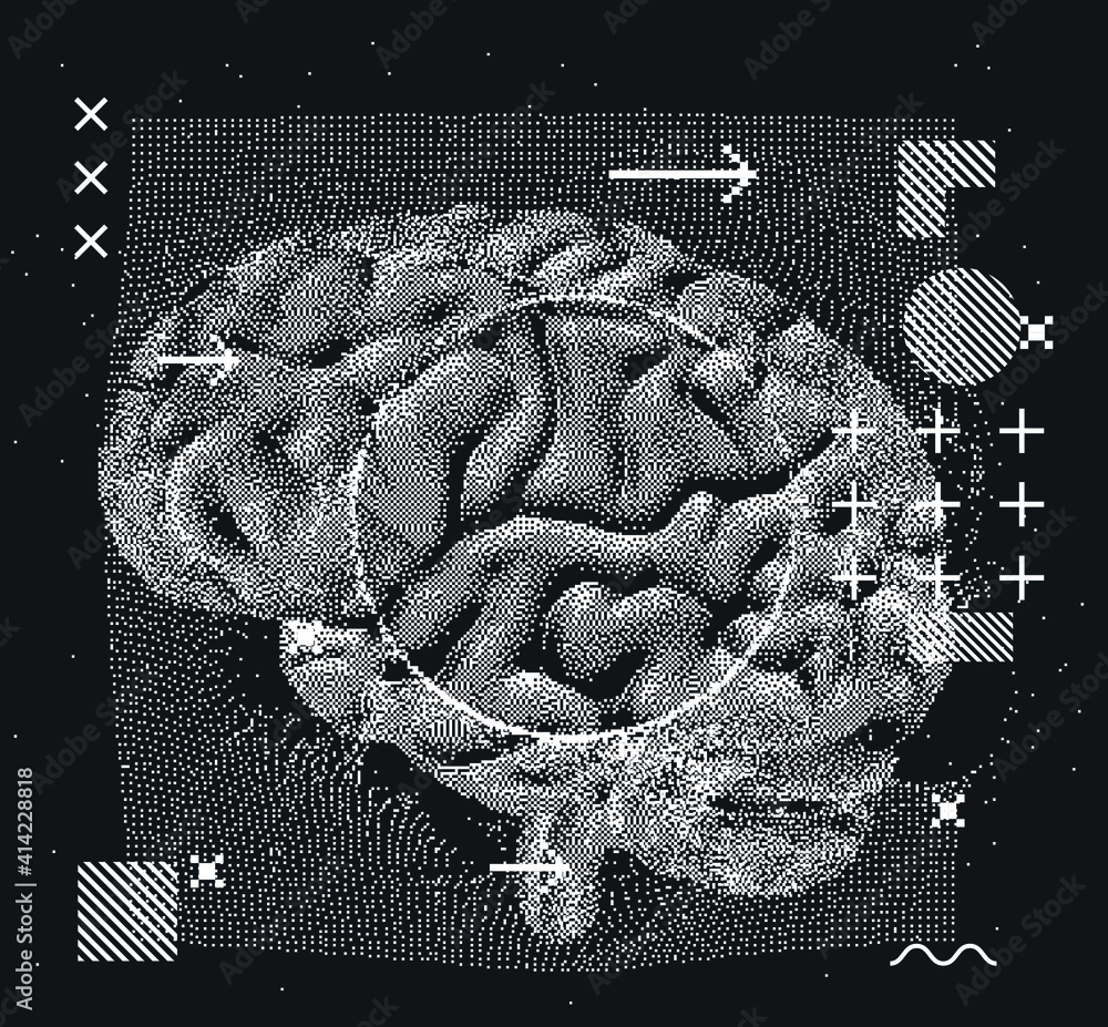 Aufkleber 3D vector illustration of brain made of pixels and particles. Concept of neural network, neurology and neuroscience.