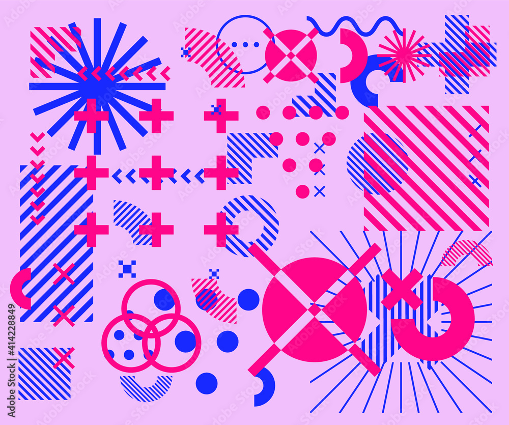 Poster neo-memphis abstract background with geometric shapes.