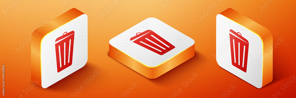 Poster isometric trash can icon isolated on orange background. garbage bin sign. recycle basket icon. offic