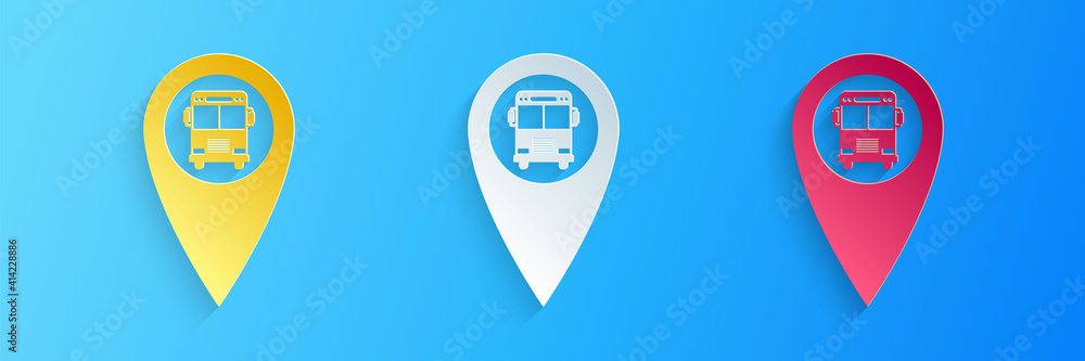 Poster paper cut map pointer with bus icon isolated on blue background. paper art style. vector.