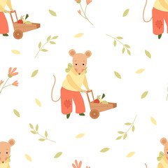 seamless pattern with a cute little mouse. Cartoon vector illustration. 