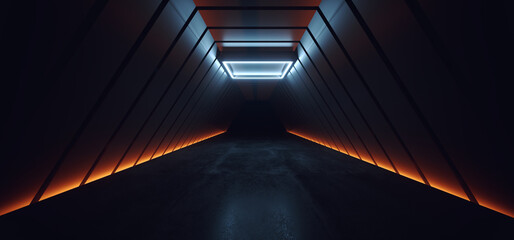 Dark Sci Fi Futuristic Cyber Stage Neon Orange White Led Spotlight Glowing Triangle Modern Spaceship Tunnel Corridor Showroom Product Showcase Underground Cinematic 3D Rendering © IM_VISUALS