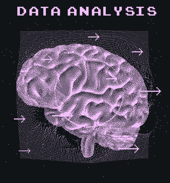 3D vector illustration of brain made of pixels and particles. Concept of neural network, neurology and neuroscience.