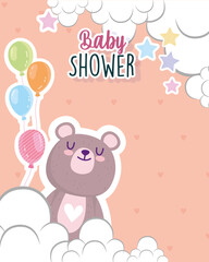 Baby shower little bear with balloons stars and clouds card
