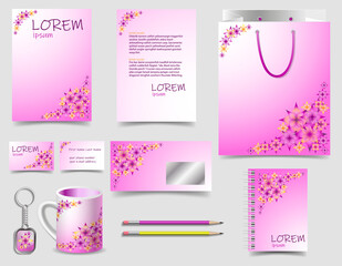 corporate identity template in yellow and pink palette with geometric flowers