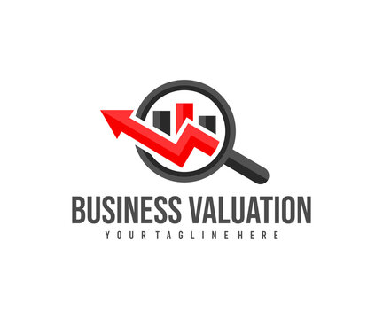 Business valuation, charts, magnifying glass and chart up, logo design. Financial planning, finance, budget, analysis and investment, vector design and illustration