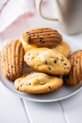 Madeleine with chocolate. Traditional French small cakes.