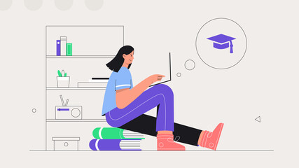 Student learning online at Home. Young woman sits on a stack of books and studies online on a laptop. Flat style vector illustration. The concept of distance learning.